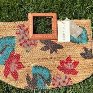 Anthropologie Antik Kraft Woven Tote with Floral Accents/ Wooden Handles